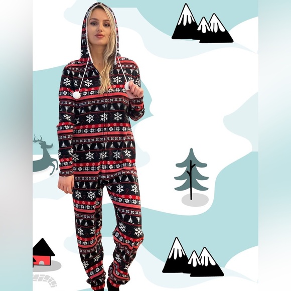 Merry Christmas by Poof Fleece Snowflake Hooded Zip up Onesie Pjs NEW S - Picture 1 of 4